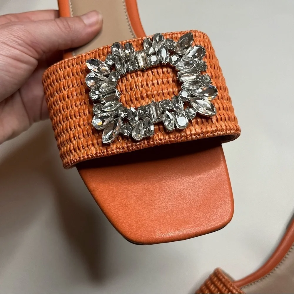 Amazon LVOMU Rhinestone Orange Weave Square Toe Flat Slide Sandals Size EU 38